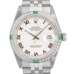 ROLEX DATEJUST WHITE ROMAN NUMERAL DIAL DIAMOND-EMERALD JUBILEE WATCH 36MM 16014
